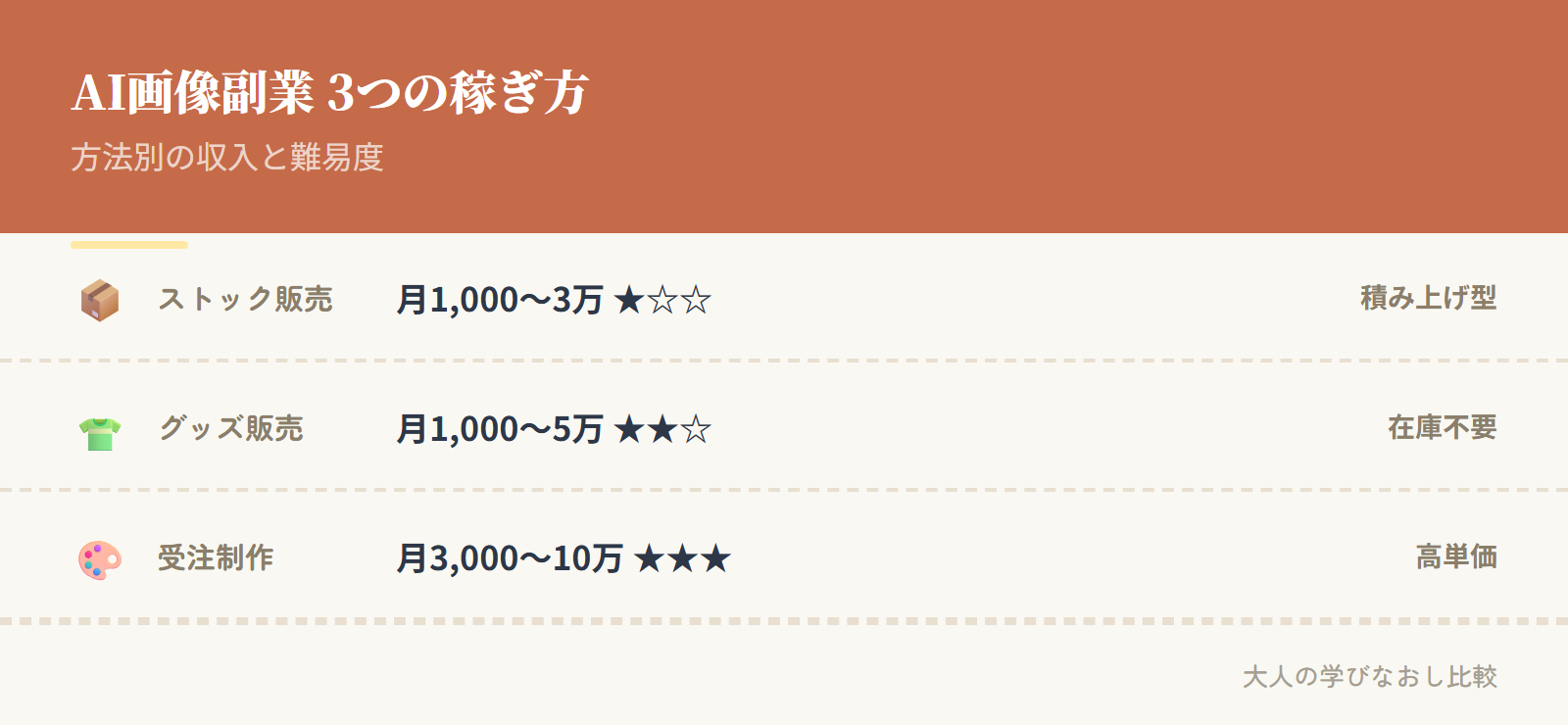 AI画像副業3つの稼ぎ方比較